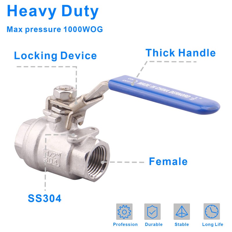 DERNORD Stainless Steel 304 Ball Valve, Full Port Heavy Duty for WOG with Locking Device (1/2" NPT) - Image 3
